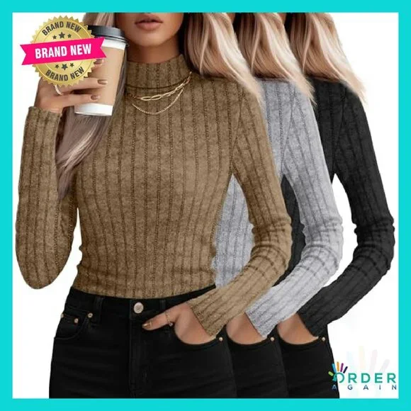 Mock Turtleneck Sweaters Ribbed Knit Slim Fit Thermal Pullover 3 Pack